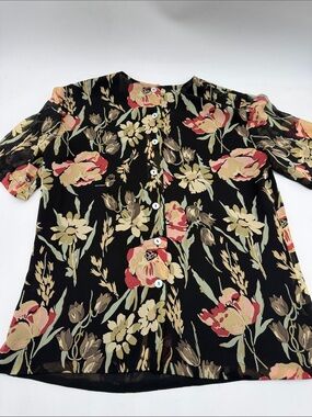 Dana Buchman Black Floral Short-Sleeve Blouse 100% Silk Size 4 Petite